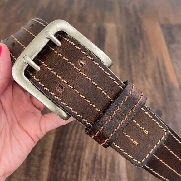 VTG Y2K Aeropostale Leather Belt Double Prong Distressed Rugged Size Large Brown - Picture 3 of 16